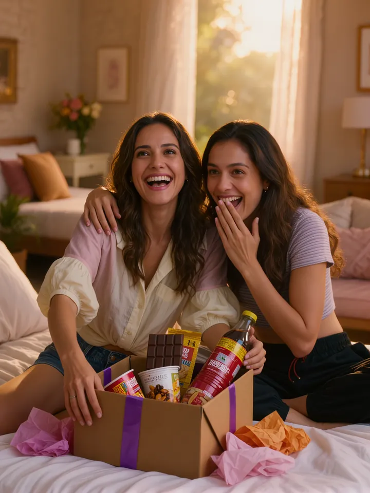 Duas amigas rindo na cama com a caixa aberta cheia de snacks