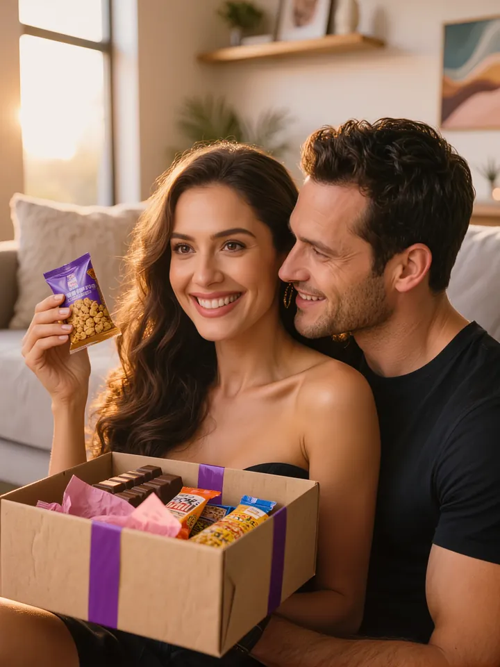 Casal sorrindo enquanto ela segura um snack tirado da caixa