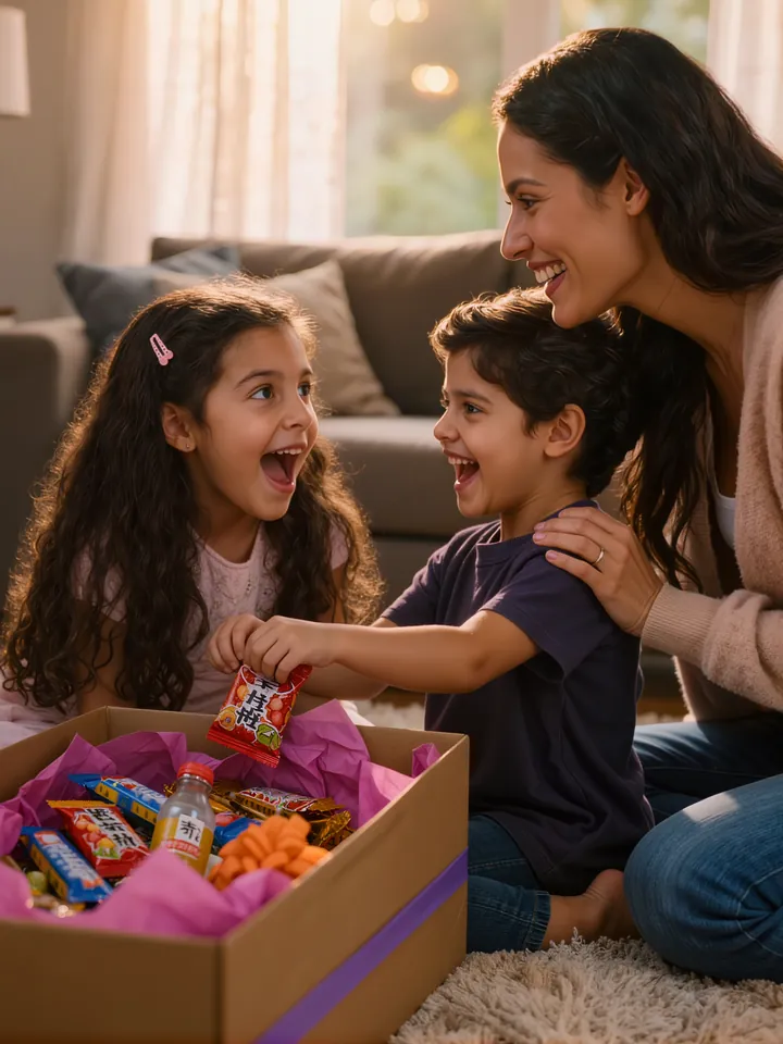 Mãe e dois filhos rindo ao abrir uma Ásia Box cheia de doces importados