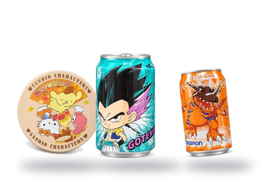Lata Sanrio, lata Ocean Bomb Gotenks e lata Ocean Bomb Digimon