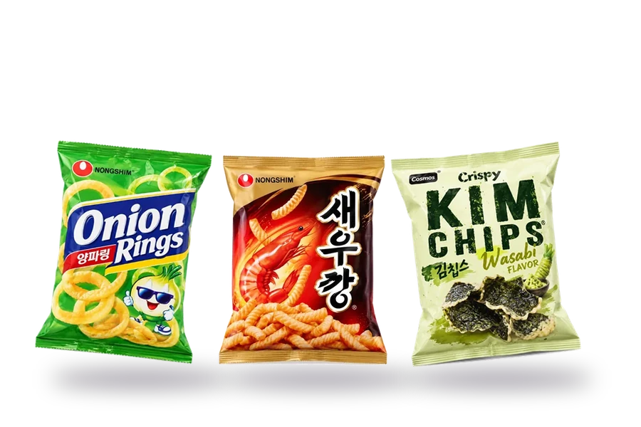 Onion Rings, Shrimp Crackers e Kim Chips